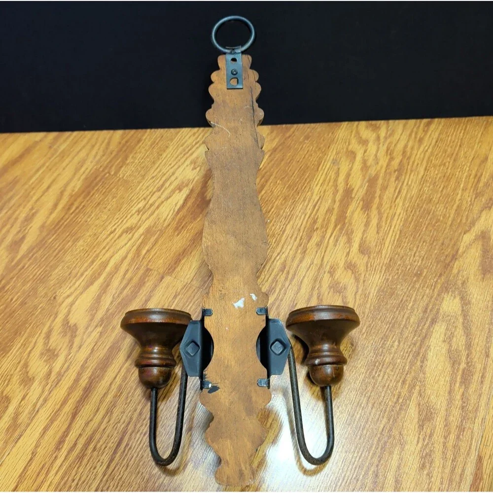 Vintage Brown Wood Black Metal Double Candle Wall Sconce Decor 17